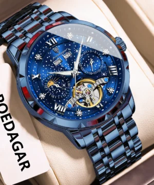 Poedagar luxo masculino relógio de pulso moda data oco tourbillon homem relógio mecânico automático aço inoxidável relógios masculinos reloj